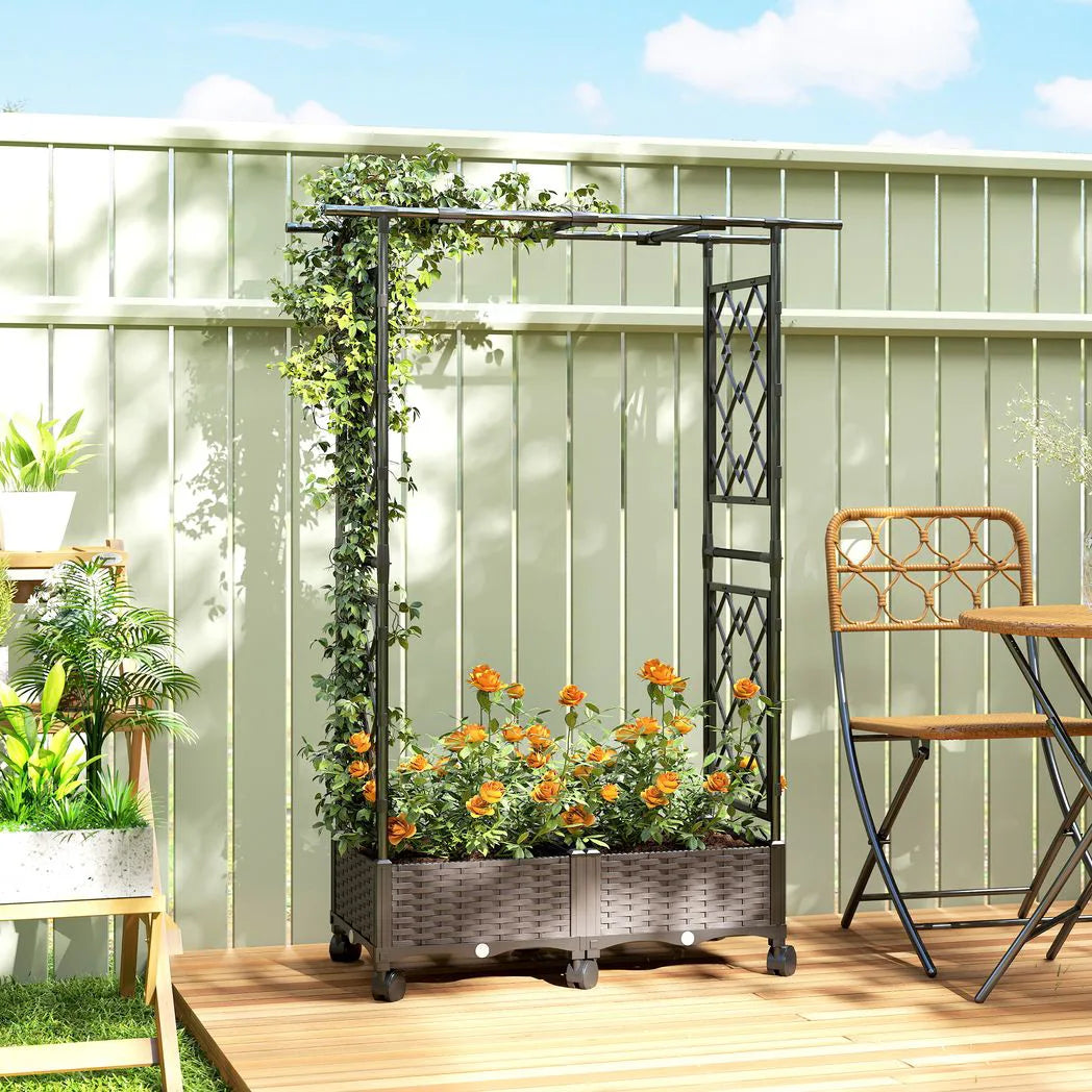 Outsunny Mobile Raised Garden Bed with Arch Trellis – Self-Watering 2 x 24L Planter Boxes on Wheels