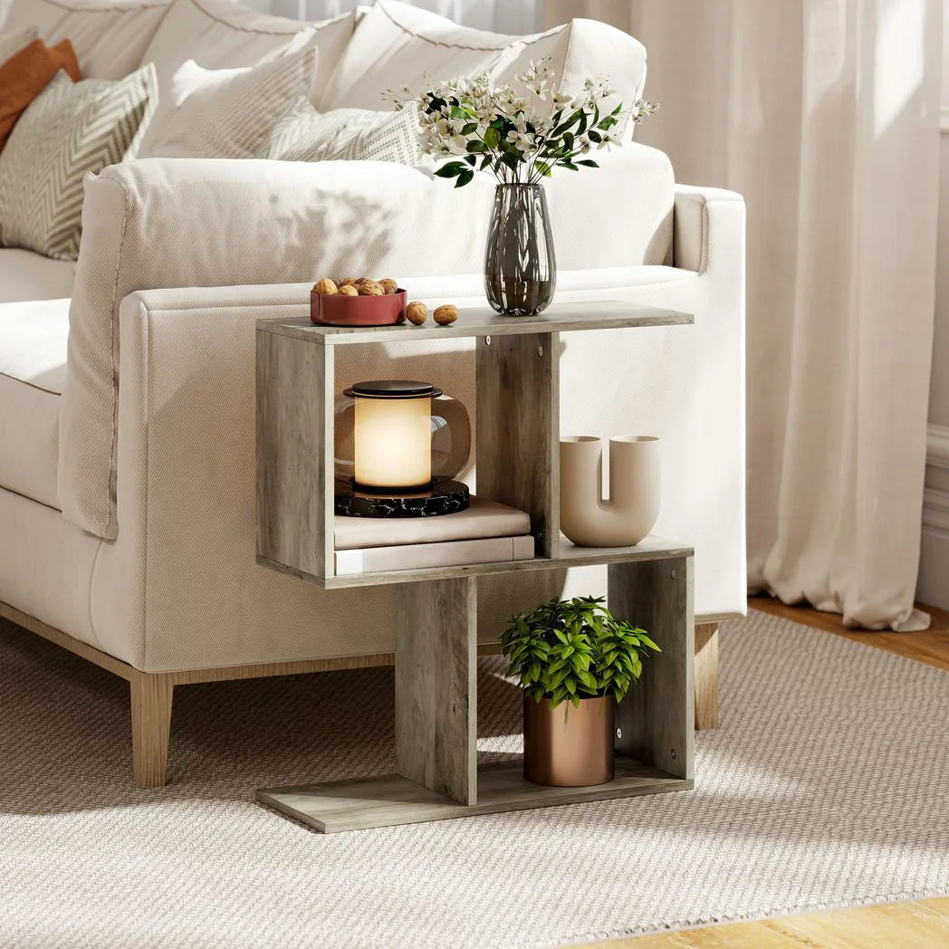 HOMCOM S-Shaped Narrow Side Table with 3-Tier Storage Shelves – Slim Living Room End Table, 50W x 19.5D x 58H cm, Grey