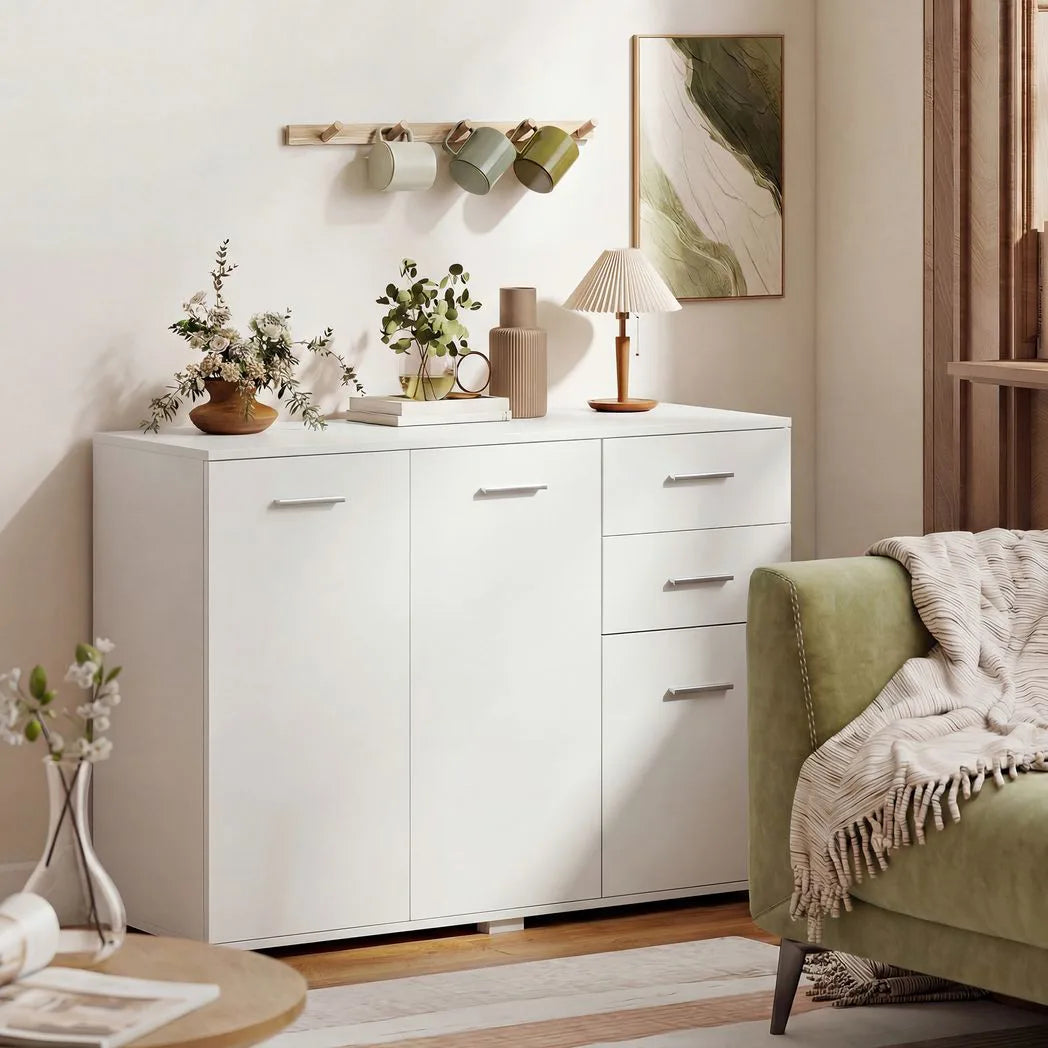 HOMCOM Modern Sideboard with 2 Drawers, 3 Doors and Adjustable Shelves – Kitchen and Dining Storage Cabinet, White