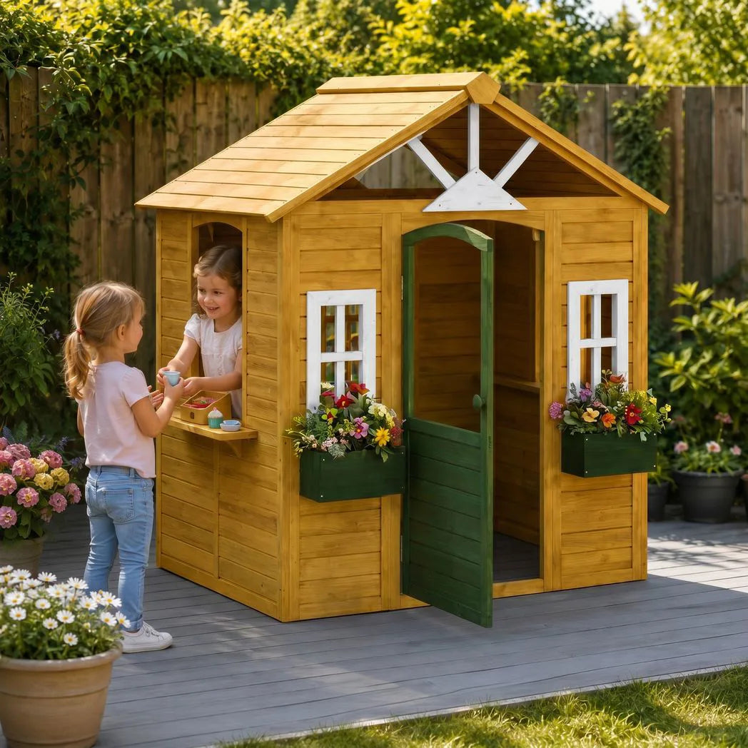 AIYAPLAY Kids Wooden Playhouse with Door, 3 Windows and 2 Flower Boxes – Garden Wendy House