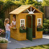 AIYAPLAY Kids Wooden Playhouse with Door, 3 Windows and 2 Flower Boxes – Garden Wendy House