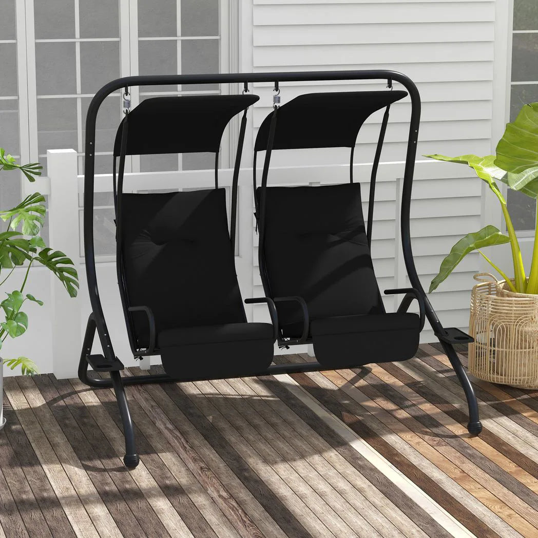 Outsunny Two-Seat Garden Swing Chair with Removable Protective Canopy and Cup Holders – Powder-Coated Steel Frame, Black