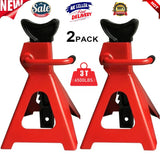2 Piece 3 Tonne Heavy Duty Axle Stands, Ratchet Adjustable – Cast Iron Car and Caravan Support Stands, Red & Black