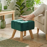 HOMCOM Velvet Square Padded Footstool with Wooden Legs – Leg Rest & Vanity Stool, Dark Green