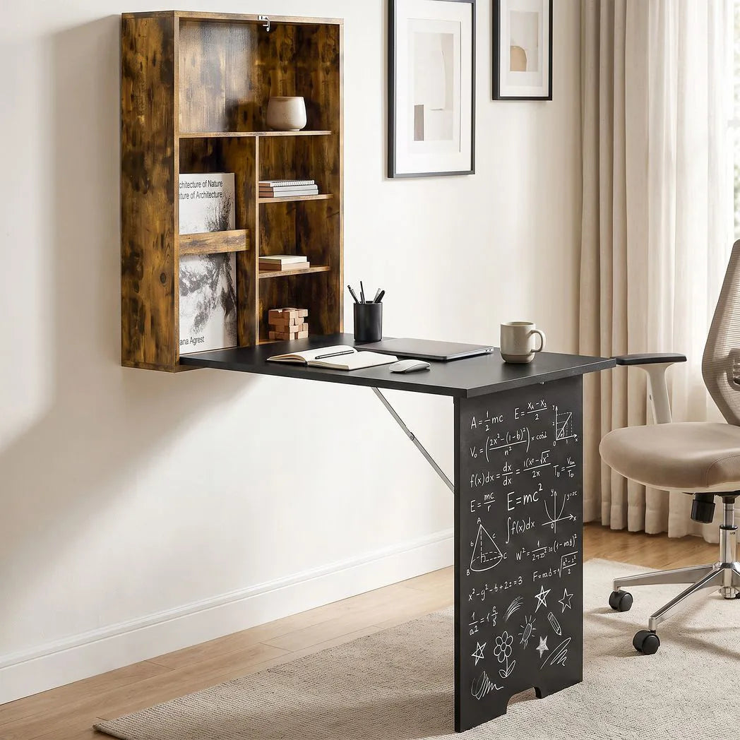 HOMCOM Folding Wall-Mounted Drop-Leaf Table with Chalkboard and Storage Shelf – Space-Saving Desk, Brown