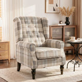 HOMCOM Wingback Accent Chair with Pocket-Spring Cushion and High Back – Linen-Look Armchair, Khaki Plaid