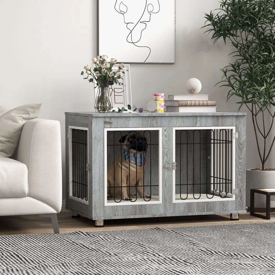 PawHut Dog Crate Furniture End Table with Cushion and Double Doors – Indoor Kennel, Grey