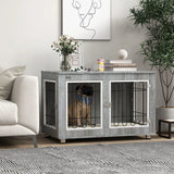 PawHut Dog Crate Furniture End Table with Cushion and Double Doors – Indoor Kennel, Grey