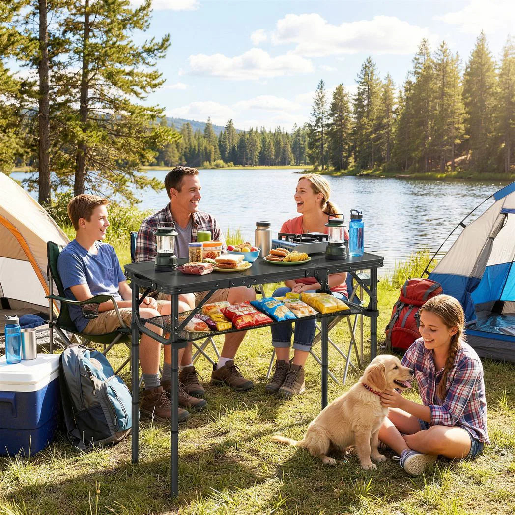Outsunny 3ft Folding Camping Table with Mesh Storage Layer and Carry Bag – Tri-Fold Aluminium Picnic Table, Black