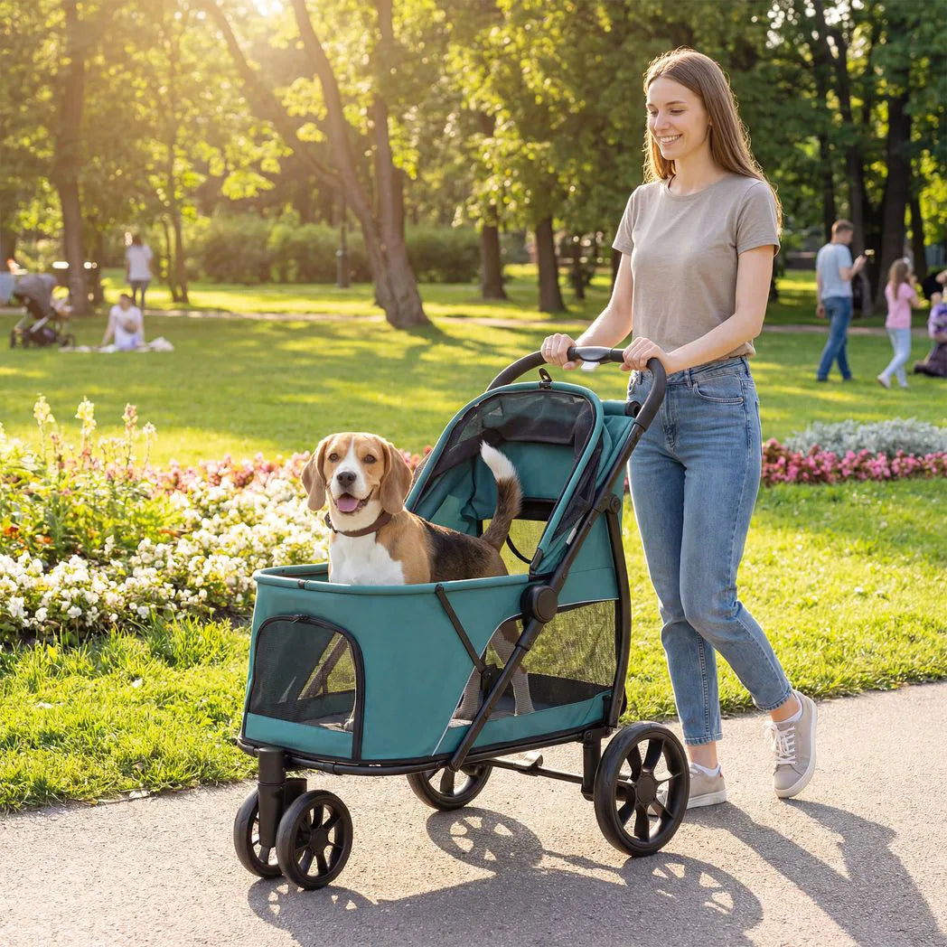 PawHut 3-Wheel Dog Stroller with Dual Entry, One-Click Fold, Mesh Windows – Pet Pram for Dogs up to 20kg