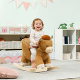 AIYAPLAY Baby Rocking Horse with Safety Belt and Wooden Base – Cow Animal Rocker for Children, Brown