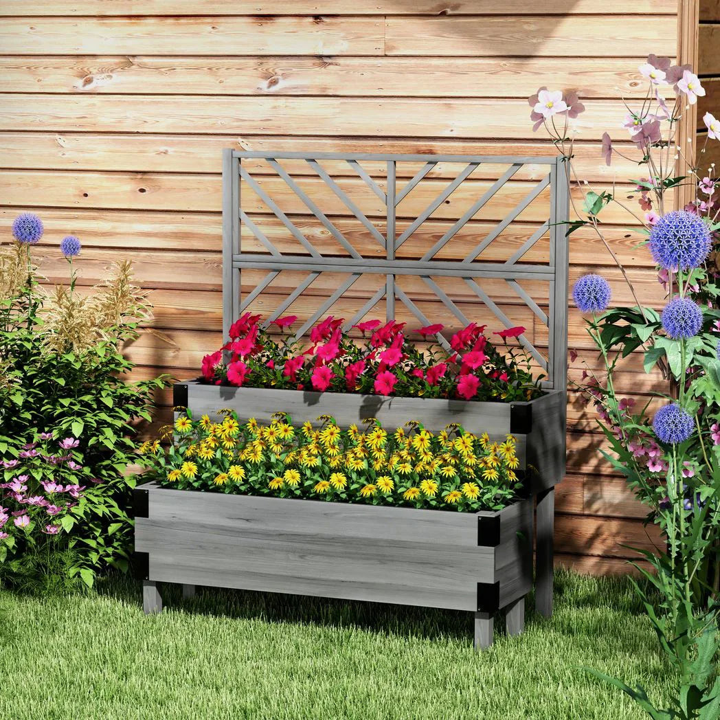 Outsunny 2-Tier Wooden Raised Garden Bed with Trellis – Elevated Planter for Vegetables and Herbs, Grey