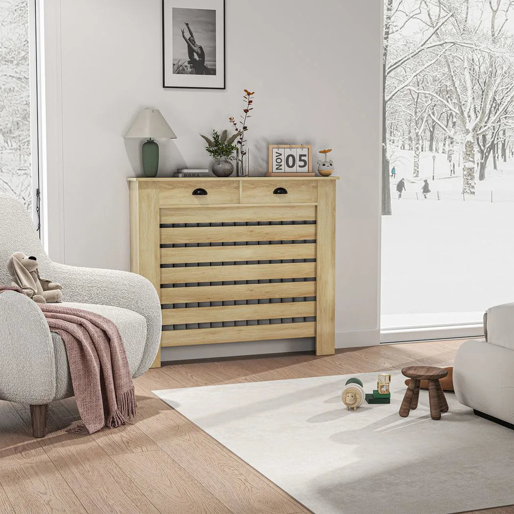 HOMCOM Radiator Cover with Top Drawer and Slatted Centre, 95.5H x 111W cm – Oak