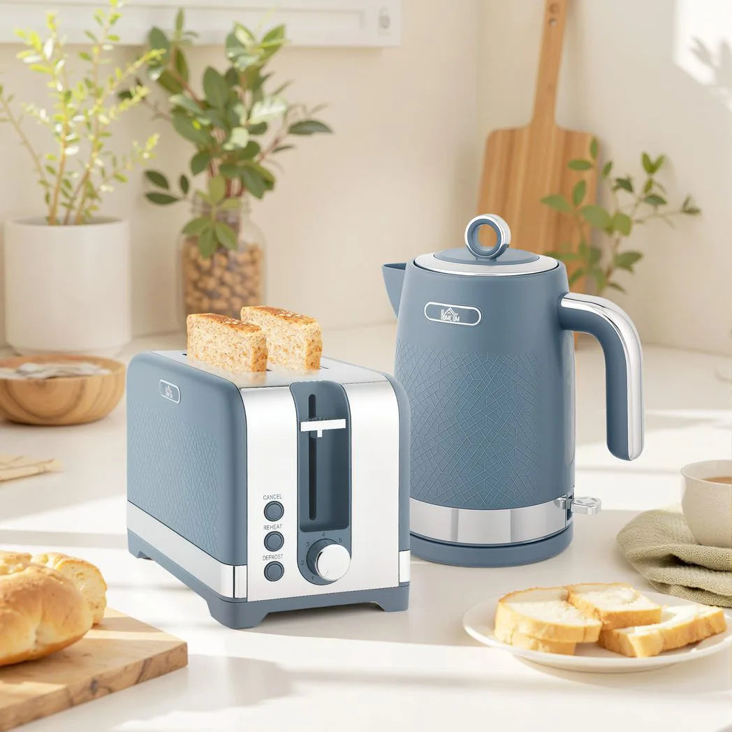 HOMCOM Sleek Textured Kettle and 2-Slice Toaster Set with 3000W 1.7L Rapid-Boil Kettle, 7-Level Toaster – Blue