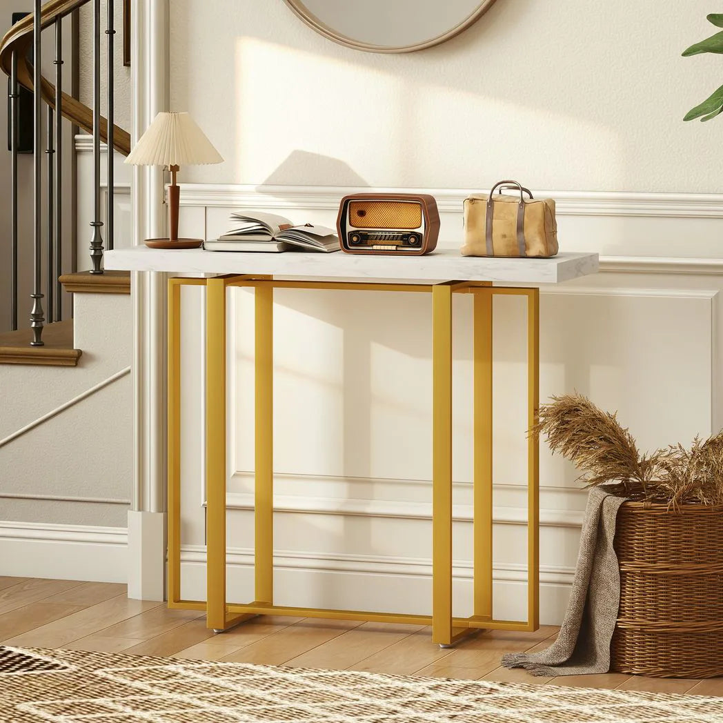 HOMCOM Faux Marble Console Table with Steel Frame – Narrow 100cm Entryway Table with Anti-Tip Device, White