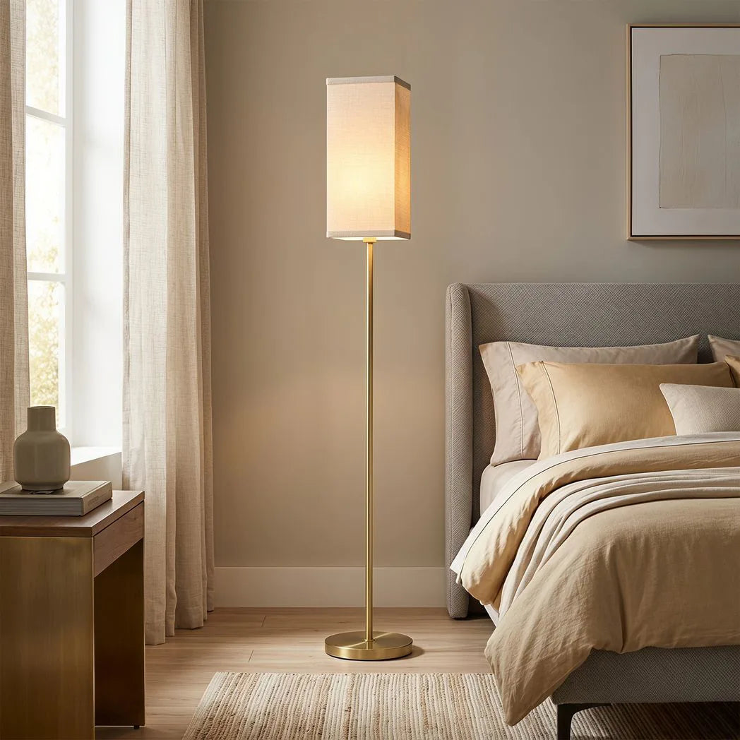HOMCOM Floor Lamp with Linen Shade and Foot Switch – Modern Tall Standing Lamp for Bedroom, Gold Tone