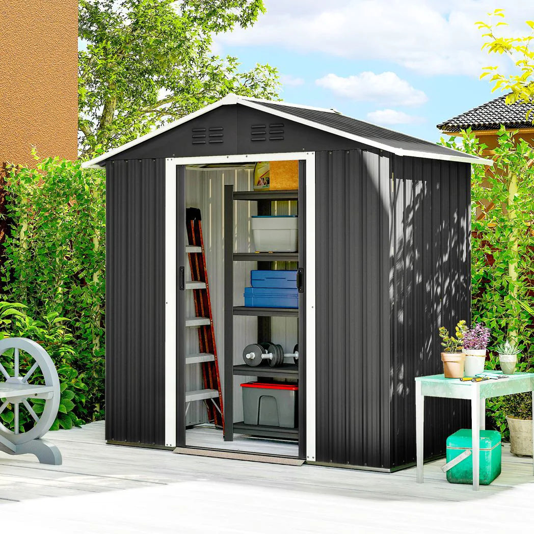 Outsunny 6.5 x 3.5ft Galvanised Metal Garden Shed with Double Doors and Vents, Dark Grey