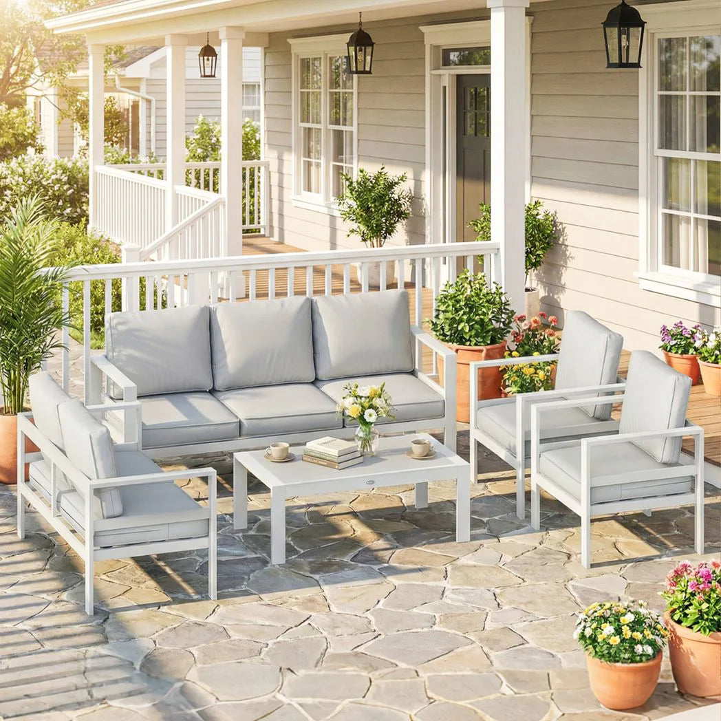 Outsunny 5 Piece Aluminium Garden Sofa Set with Extra Deep Olefin Cushions and Slatted Table – White