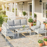 Outsunny 5 Piece Aluminium Garden Sofa Set with Extra Deep Olefin Cushions and Slatted Table – White