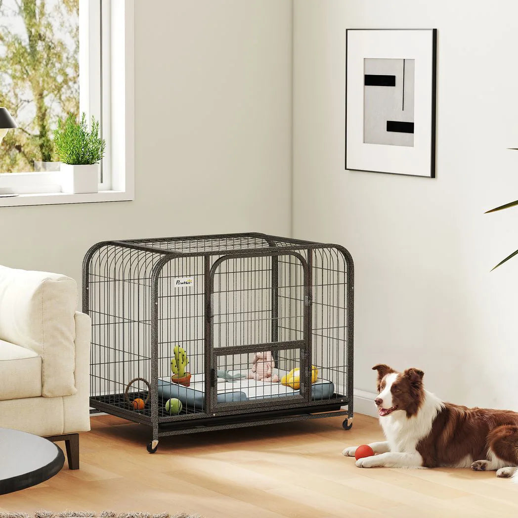 PawHut Heavy Duty Dog Crate, 93 x 58 x 76 cm – Triple Door Dog Cage with Wheels for Small to Medium Breeds