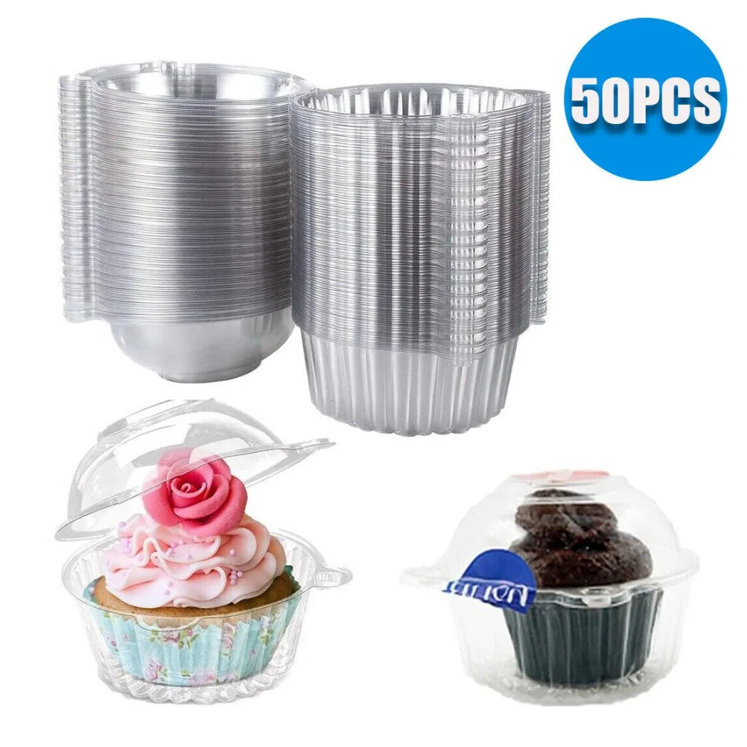 50 Clear Plastic Cupcake Boxes with Dome Lids – Single Cake Holders for Muffins, Parties & Catering