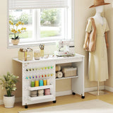 HOMCOM Folding Sewing Table with Storage, Shelf and Lockable Casters – Rolling Craft Table for Small Spaces, White