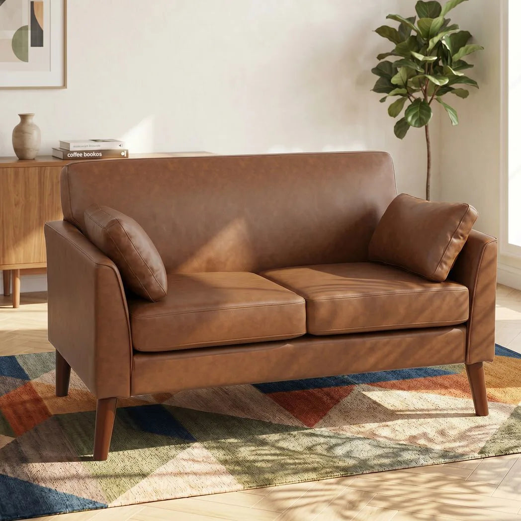 HOMCOM 2 Seater Sofa, 132 cm Small Loveseat with Solid Wood Legs and 2 Pillows – PU Leather Couch for Small Spaces, Brown