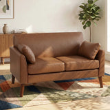 HOMCOM 2 Seater Sofa, 132 cm Small Loveseat with Solid Wood Legs and 2 Pillows – PU Leather Couch for Small Spaces, Brown