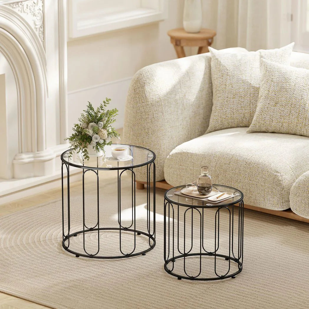 HOMCOM Elliptical Cut-Out Nesting Coffee Tables, Set of 2 with Glass Tops – Sofa Side Tables, Black