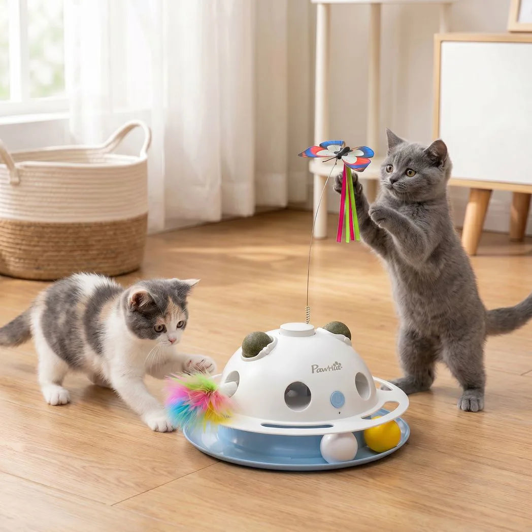 PawHut 4-in-1 Interactive Cat Toy with Spinning Butterfly, Shooting Feathers and Catnip Balls