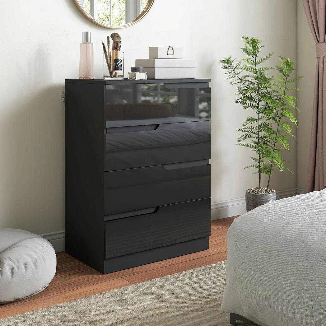 HOMCOM Four-Drawer Chest of Drawers with High Gloss Fronts and Hidden Handles – Bedroom Storage Dresser, Black
