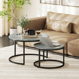 HOMCOM Set of Two Cement-Effect Nesting Coffee Tables with Steel Frame – Round Stacking Tables, Grey