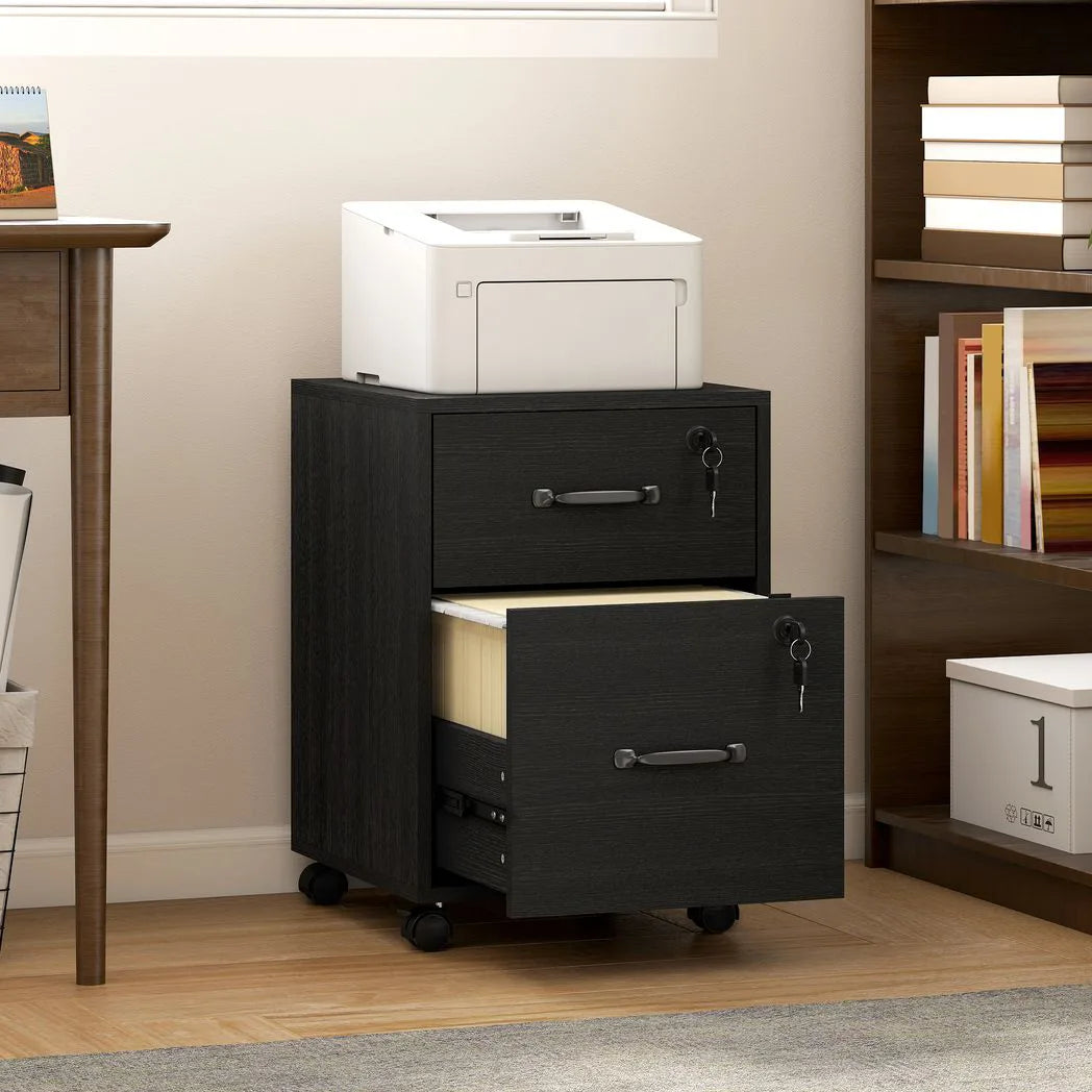 HOMCOM Rolling File Cabinet with 2 Drawers & Lockable Wheels – Under-Desk Mobile Storage, Black