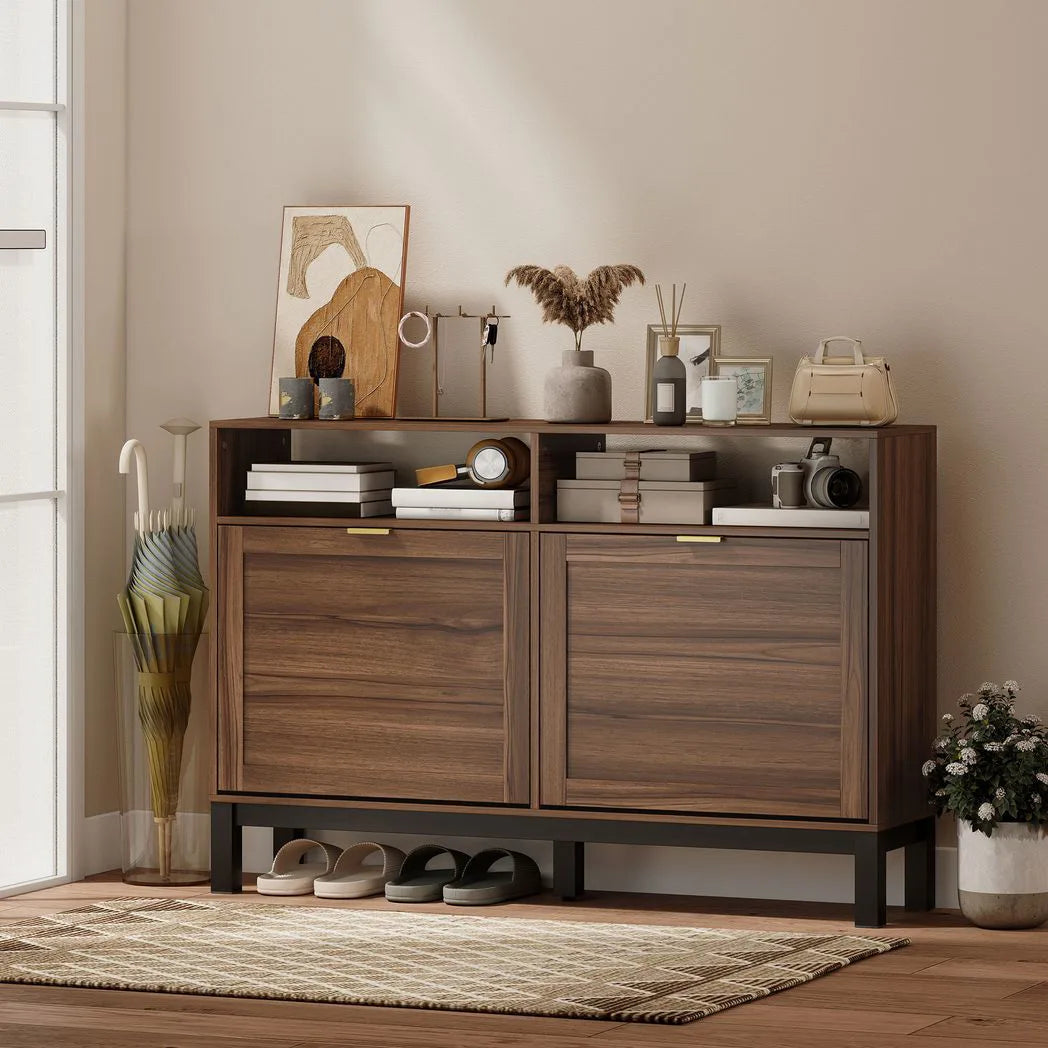 HOMCOM Narrow Shoe Cabinet with 2 Flip Drawers & Open Shelves – Rustic Brown