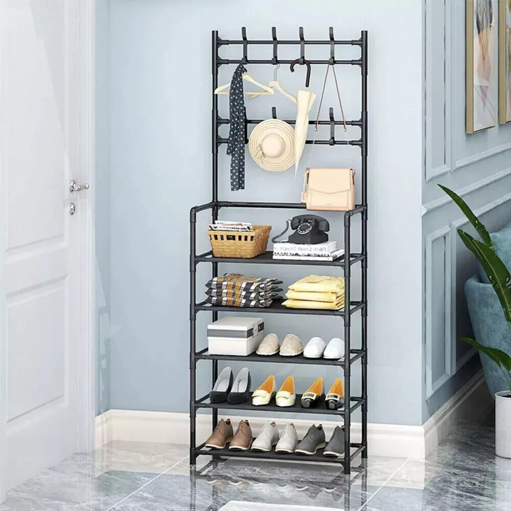 Metal Coat and Hat Stand with 8 Hooks & 5-Tier Shoe Rack, 60 x 26 x 170cm, Black