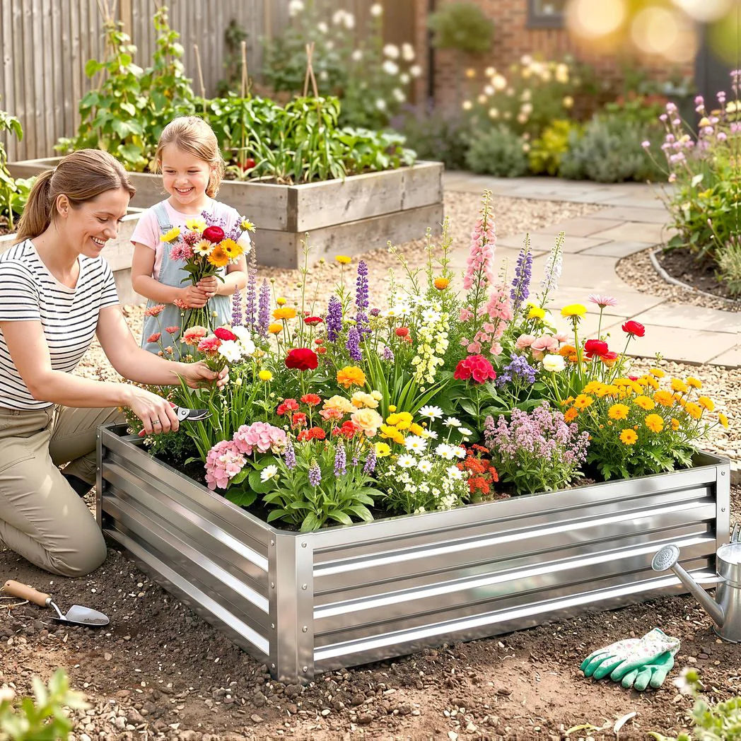 Outsunny 120 x 120 cm Raised Garden Bed with Galvanised Steel Frame – Open Base Planter for Vegetables and Herbs