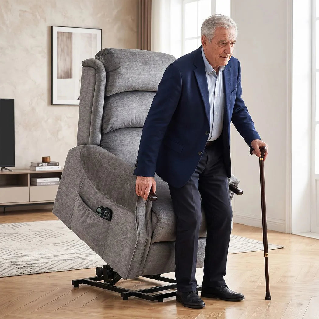 HOMCOM Power Lift Recliner Chair with Vibration Massage, Heat and Pocket Spring Seat – Wood Grips, Light Grey