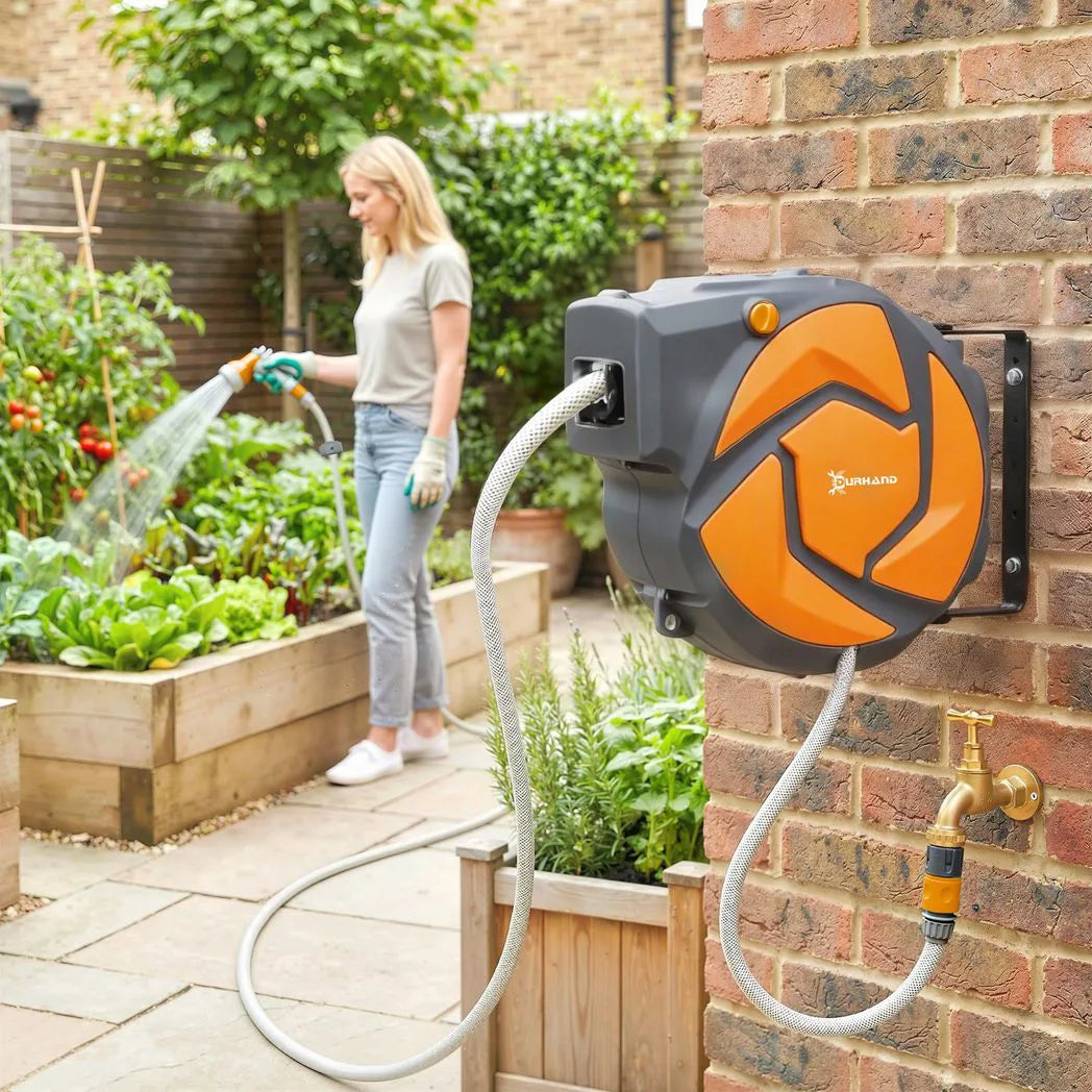 DURHAND 10m Wall-Mounted Auto-Rewind Garden Hose Reel with 7-Pattern Spray Nozzle, Orange