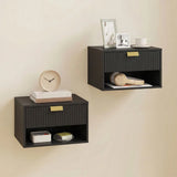 HOMCOM Floating Bedside Tables, Set of 2 Wall Mounted Nightstands with Fluted Drawer & Open Shelf, Black