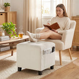 HOMCOM Small Ottoman Footstool with Side Pocket, Padded Seat and Rubber Wood Legs – Living Room, Beige