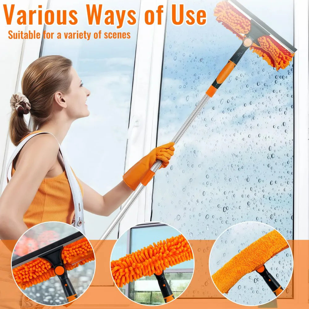 4.5m Telescopic Window Cleaning Kit with Rotating Squeegee and Chenille Cloth – Extendable Pole for High Windows