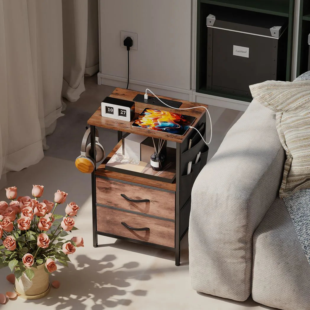 HOMCOM Slim Bedside Table with Charging Station, AC Outlets and USB Ports, Fabric Drawers – Rustic Brown