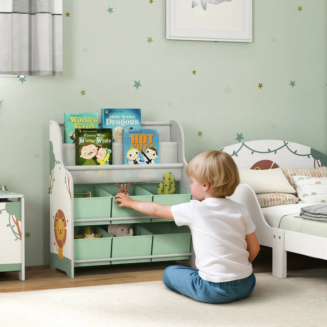 AIYAPLAY Kids Storage Unit with 6 Fabric Drawers and 2-Tier Sling Book Rack – Toy Organiser, Green