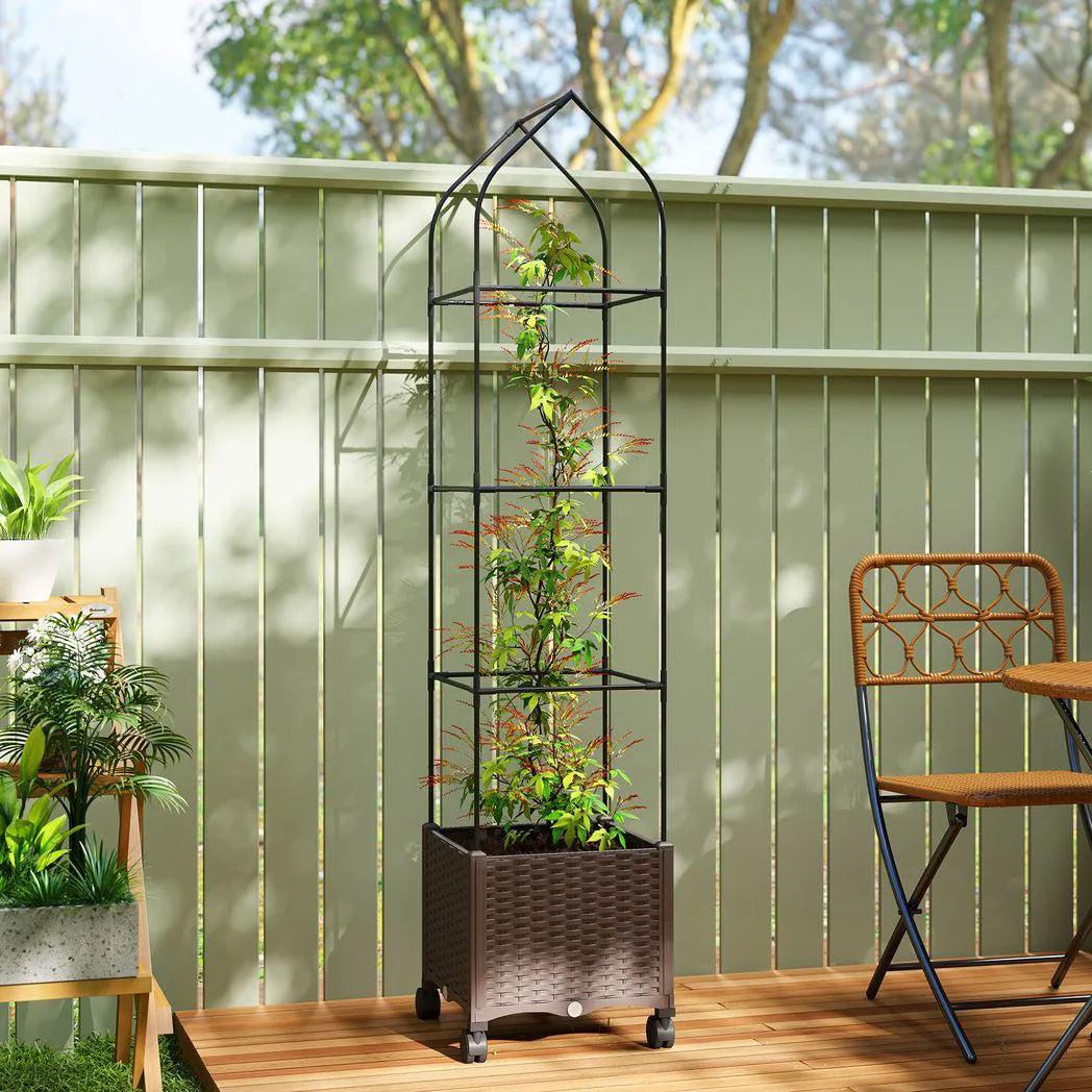 Outsunny Self-Watering Raised Garden Bed with Trellis & Lockable Wheels – 40 x 40 x 182cm, Brown