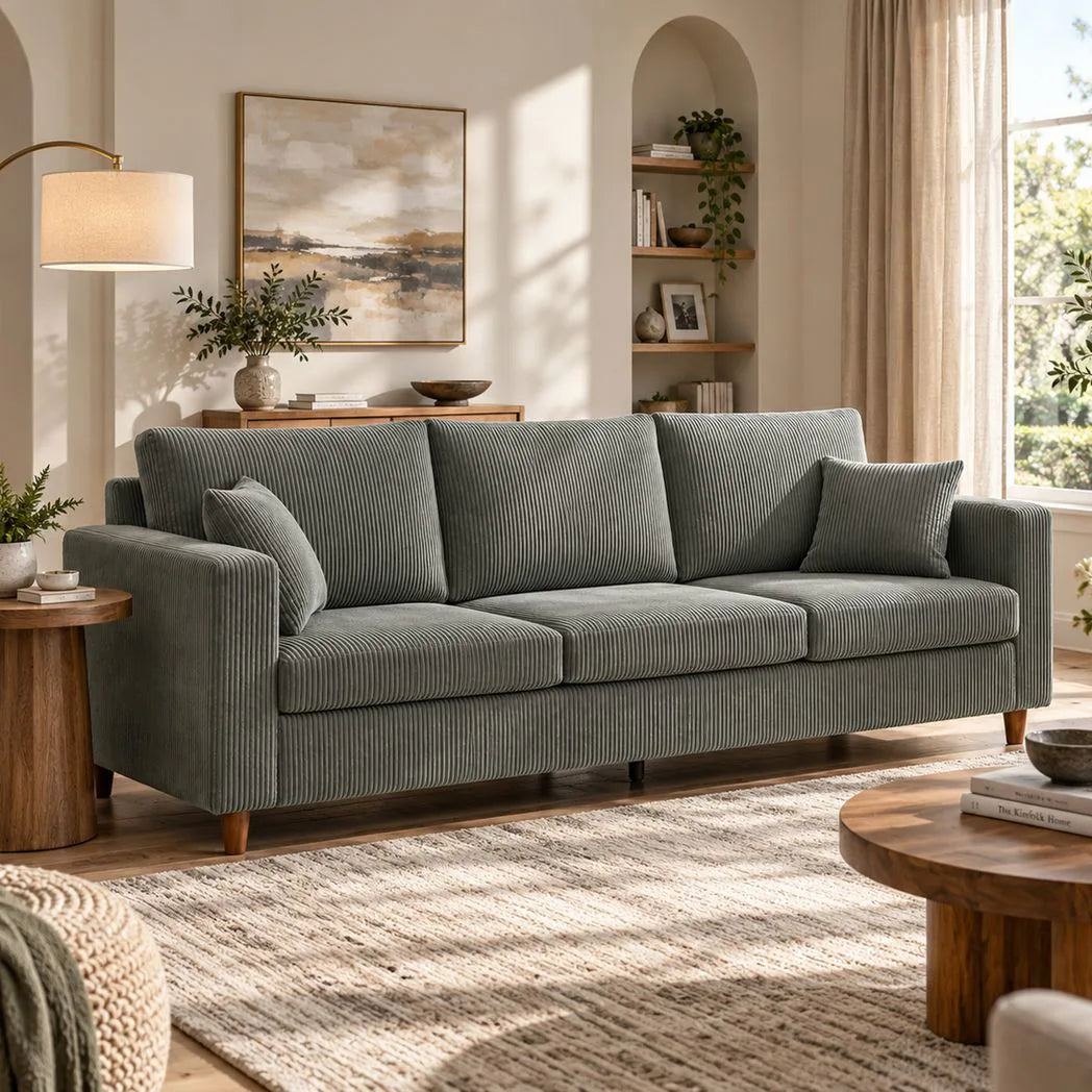HOMCOM 3 Seater Corduroy Sofa with Extra-Wide 196cm Seat and Pocket Spring Cushions – Light Grey