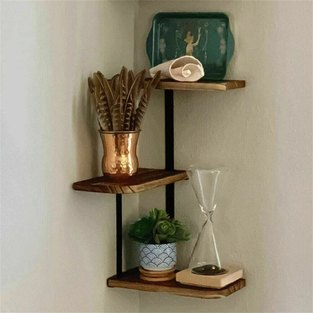 3-Tier Luca Corner Wall Shelf – Modern Floating Pine & Iron Storage Display Shelving, Black & Light Brown