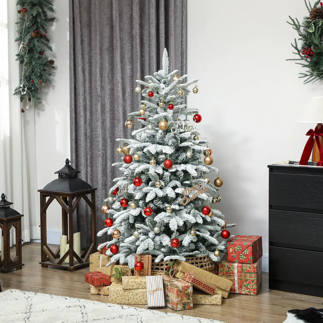 HOMCOM 5ft Artificial Flocked Christmas Tree with 717 Branches – Hinged Xmas Tree, Foldable Metal Stand