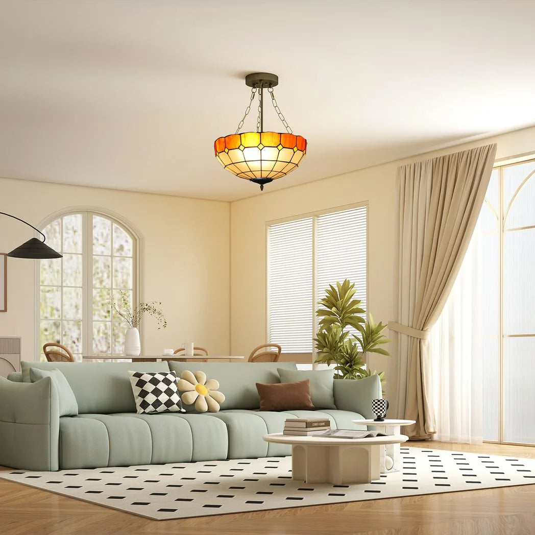 HOMCOM Tiffany Style Ceiling Light with 3 E27 Sockets – Vintage Stained Glass Semi Flush Chandelier