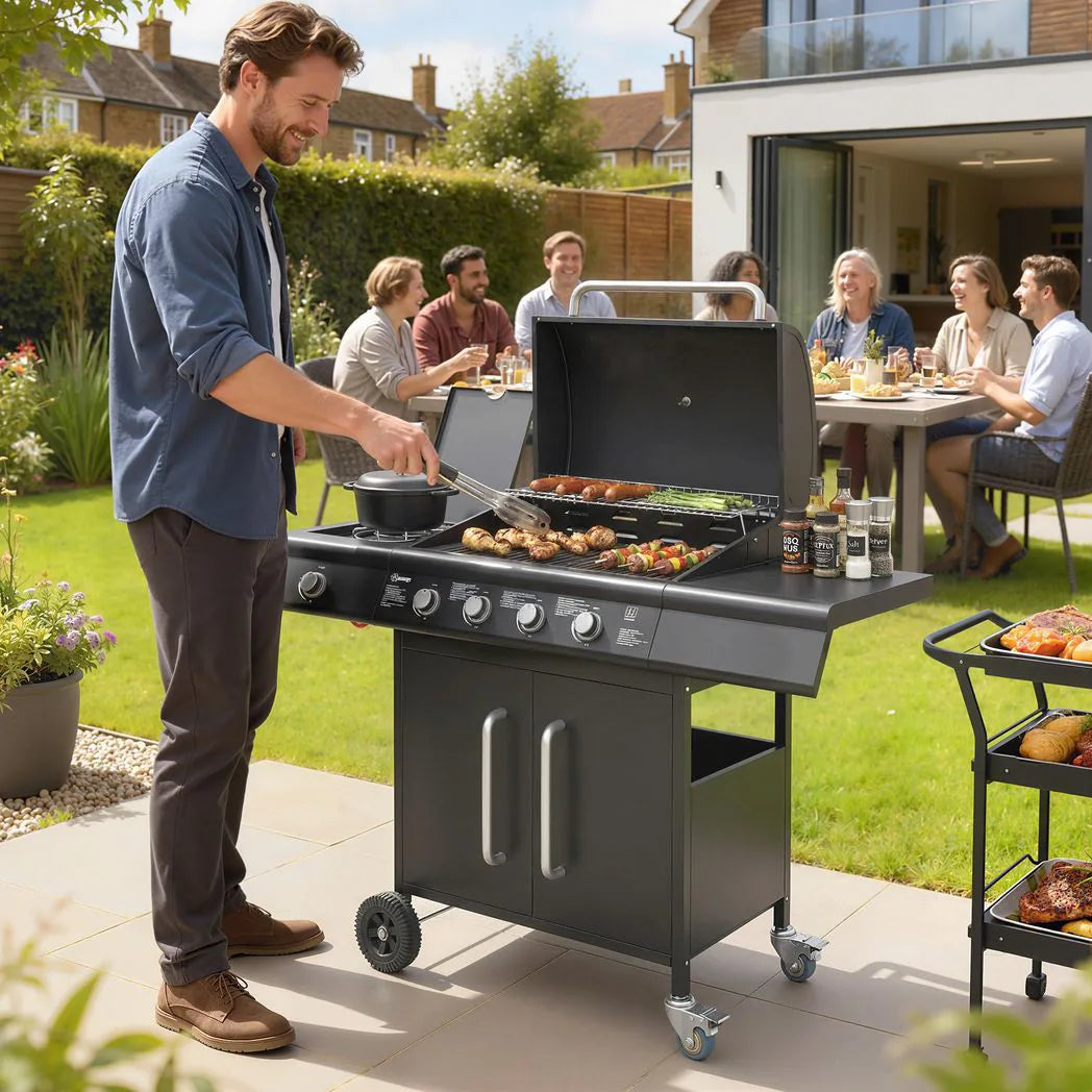 Outsunny 4 Burner Gas BBQ Grill with Storage Cabinet, 15.2 kW, Side Table & Warming Rack – Propane Barbecue Trolley on Wheels