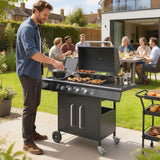 Outsunny 4 Burner Gas BBQ Grill with Storage Cabinet, 15.2 kW, Side Table & Warming Rack – Propane Barbecue Trolley on Wheels